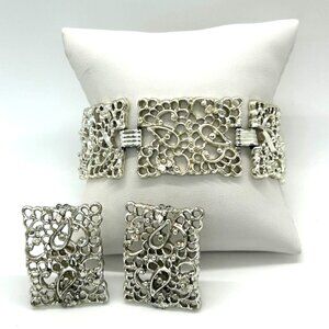 Statement Earring & Bracelet Set Paisley Filigree Panel Design Silver-Tone